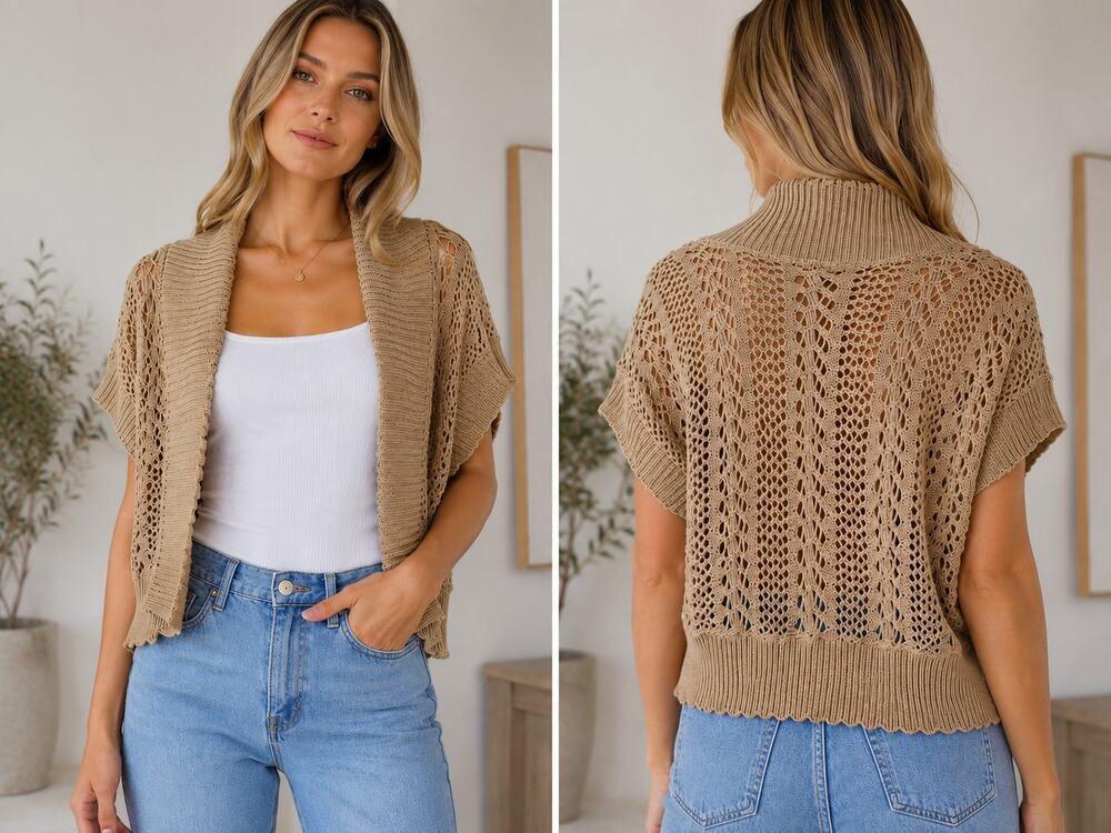 Robbie Bee Taupe Open Knit Short Sleeve Cardigan Shrug Small USA Made